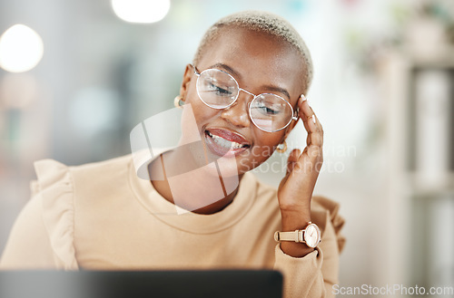 Image of Office, laptop or happy black woman reading email, online research or news report on internet website. Computer, smile or African journalist copywriting for digital magazine or fashion blog article