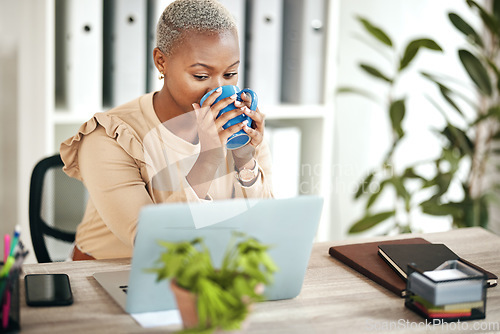 Image of Black woman, business and coffee at laptop on desk in office reading email online with internet. Entrepreneur female person drinking tea and planning schedule or work while thinking about search