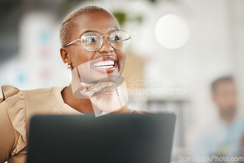 Image of Happy black woman, thinking and smile, relax at desk with laptop for content creation ideas at digital marketing startup. Copywriter, female and contemplating with inspiration for copywriting job