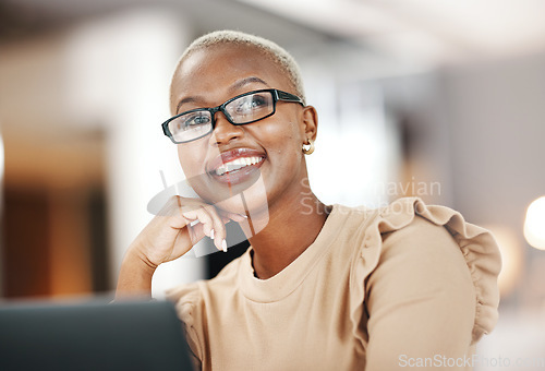 Image of Black woman, thinking and smile, relax at desk with laptop for content creation ideas at digital marketing startup. Copywriter, happy female and contemplating with inspiration for copywriting job