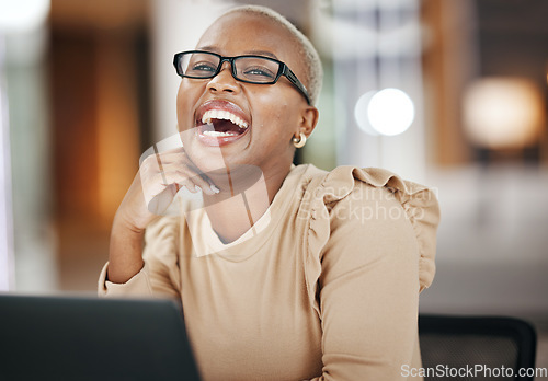 Image of Office, glasses and portrait of laughing black woman with laptop, smile and confidence at work. Computer, happiness and African journalist working on funny article for digital news website or blog.