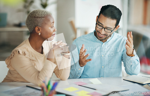 Image of Collaboration, strategy or meeting with a business team talking about an idea in an office at work. Teamwork, planning and documents with professional people brainstorming to explain workflow