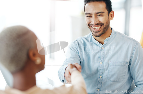 Image of Handshake, professional team and smile, partnership and collaboration, agreement or deal with success. Diversity, shaking hands and people happy working together in meeting with teamwork and trust