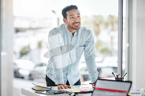 Image of Manager, leader and happy businessman in a presentation or meeting in a boardroom planning a company strategy. Confident, sales and male employee at a startup with a vision, idea and in a office