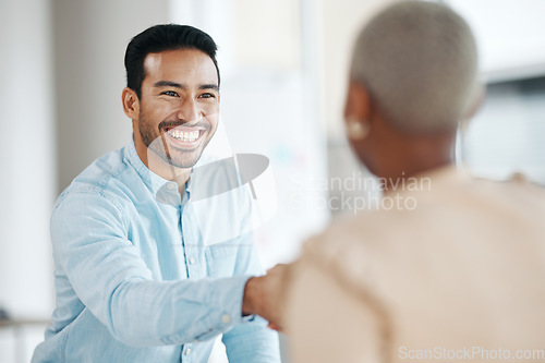 Image of Handshake, business team and smile, partnership and collaboration, agreement or deal with success. Diversity, shaking hands and people happy working together in meeting with teamwork and trust