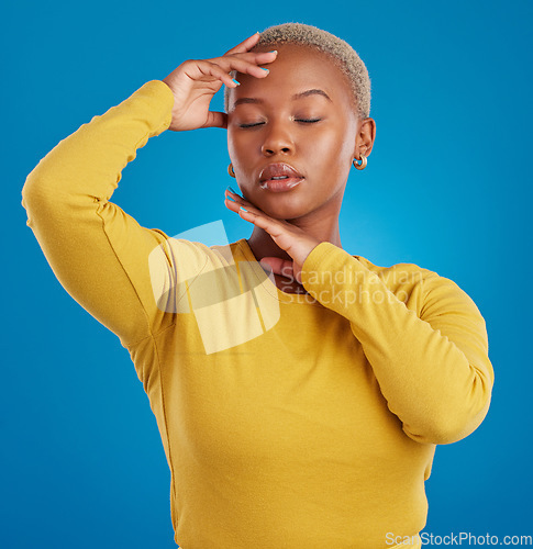 Image of Black woman, face and beauty with eyes closed, calm and content with natural cosmetics on blue background. Dermatology, facial and self love, peace with cosmetic wellness and female in studio