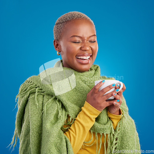 Image of Black woman, coffee and happy in studio for drink, laughing and energy from latte to start morning. Girl, tea and comic time with cappuccino, espresso or matcha with comfortable fashion for lifestyle