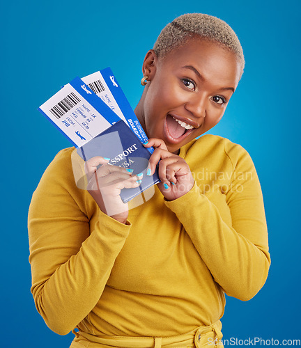 Image of travel passport, excited and portrait of black woman in studio with flight documents, tickets and boarding ID. Traveling mockup, happy and girl celebrate immigration, USA holiday and global vacation