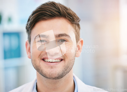 Image of Smile, doctor face and portrait of man in hospital with for wellness, medicine and medical care. Healthcare, headshot and closeup of happy health worker in clinic for consulting, trust and mockup