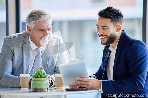 Image of Business people, tablet and laughing on break for funny joke, meme or social media at the office. Businessman showing senior CEO fun idea with laugh for team building or collaboration on touchscreen