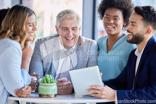 Image of Business people, tablet and laughing for funny meme, joke or social media post together at office. Corporate employees laugh with touchscreen for fun comedy entertainment on break at the workplace