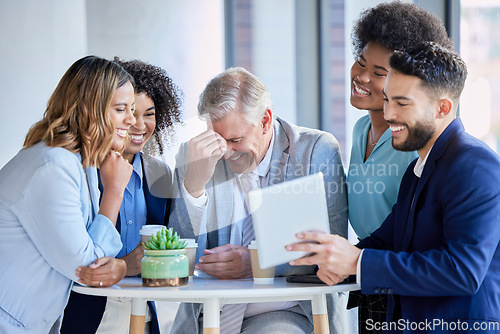 Image of Business people, tablet and laughing for funny joke, meme or social media post together at office. Corporate employees laugh with touchscreen for fun comedy entertainment on break at the workplace