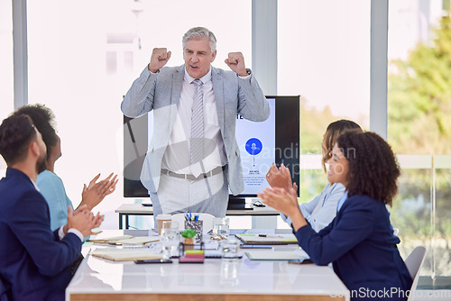 Image of Senior businessman, presentation and meeting with applause for coaching, training staff or planning at office. Mature CEO man in leadership with employees clapping in teamwork for corporate strategy