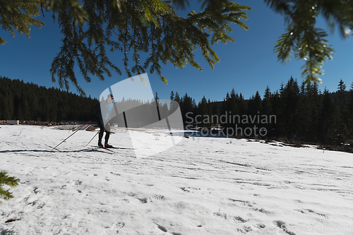 Image of Nordic skiing or Cross-country skiing classic technique practiced by man in a beautiful panoramic trail at morning.