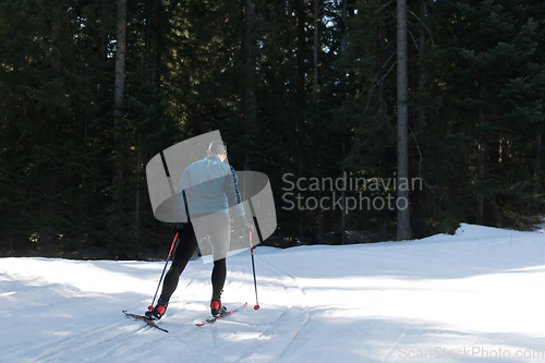 Image of Nordic skiing or Cross-country skiing classic technique practiced by man in a beautiful panoramic trail at morning.