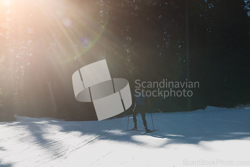 Image of Nordic skiing or Cross-country skiing classic technique practiced by man in a beautiful panoramic trail at morning.