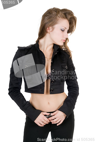 Image of The young woman in a black suit. Isolated on a white background