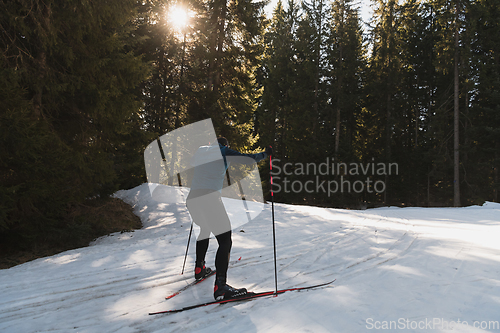 Image of Nordic skiing or Cross-country skiing classic technique practiced by man in a beautiful panoramic trail at morning.