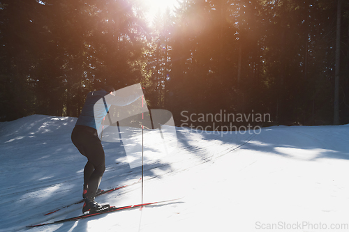 Image of Nordic skiing or Cross-country skiing classic technique practiced by man in a beautiful panoramic trail at morning.