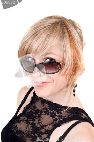 Image of Portrait of the beauty blonde in sunglasses. Isolated