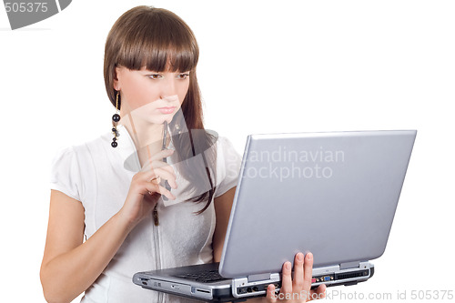 Image of Young businesswoman with phone and laptop over white