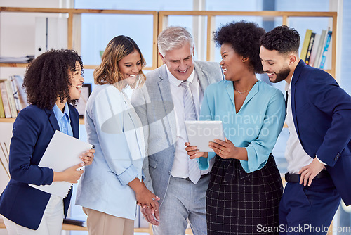 Image of Business people, tablet and laughing in team meeting for funny meme, joke or social media post at the office. Corporate employees laugh with touchscreen for fun comedy with ceo at workplace