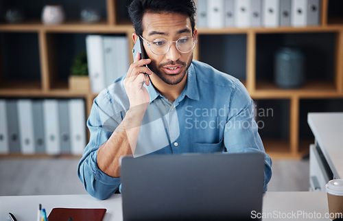 Image of Phone call, serious and businessman planning company growth strategy on mobile conversation as communication. Laptop, cellphone and surprised man startup entrepreneur in discussion at work