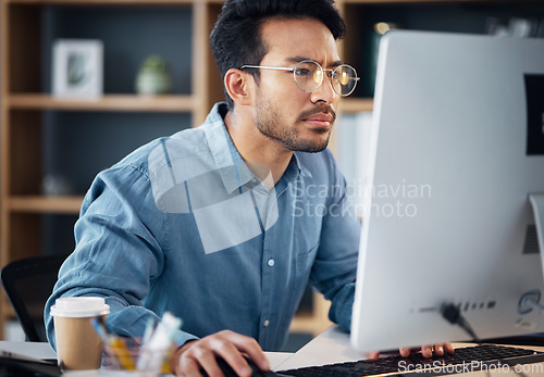 Image of Serious, business man and confused on computer, internet research and website. Focused male employee, desktop and problem solving solution, planning and review strategy, project and reading email