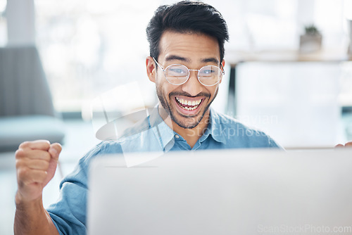 Image of Computer, celebration and man in business achievement, target goals and motivation. Happy male worker celebrate success at desktop in office of winner, bonus and fist of winning surprise website deal