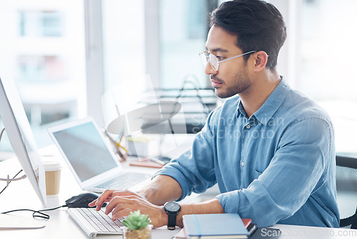 Image of Computer, business and man typing, planning and feedback for report, proposal and reading emails. Male entrepreneur, employee and consultant in workplace, pc and device for search internet and online