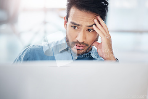 Image of Asian man, stress and tired with laptop in office for glitch, problem and anxiety for proposal, idea or burnout. Businessman, computer and thinking with frustrated face, depressed and headache at job