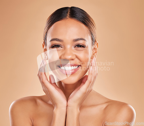 Image of Smile, skincare portrait or happy woman with natural beauty or young face on beige background in studio. Dermatology cosmetics, wellness or beautiful girl with facial treatments or glowing results