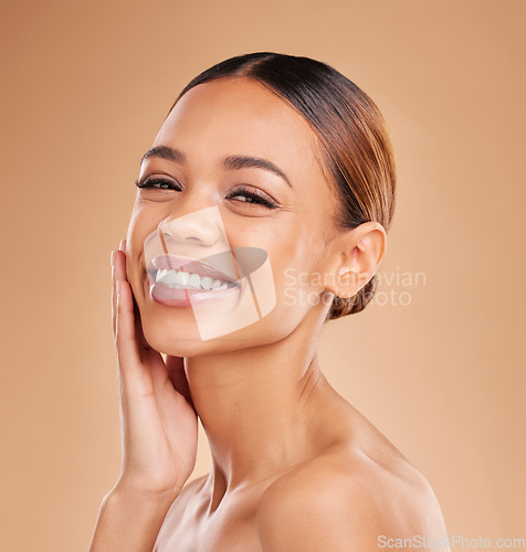 Image of Skincare smile, natural beauty portrait and woman with soft skin from facial and dermatology. Self care and studio background with a young model feeling face texture after spa and cosmetics treatment