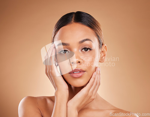 Image of Skincare, healthy beauty and portrait of a woman with natural skin from facial or dermatology. Self care, isolated on studio background with young model feeling face after spa and cosmetics treatment