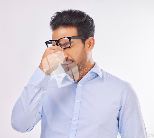 Image of Headache, migraine and businessman stress pain, ill and sick or overworked isolated in a studio white background. Employee, sad and professional worker suffering from burnout and fatigue