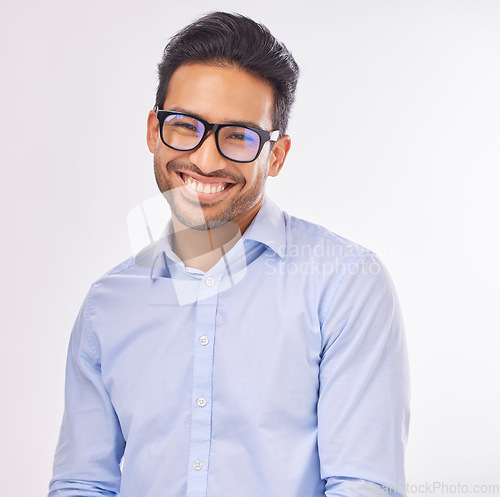 Image of Portrait, vision and eyewear with a man in studio on a white background to promote eye care optometry. Face, glasses or eyesight with a handsome young male wearing new prescription frame spectacles