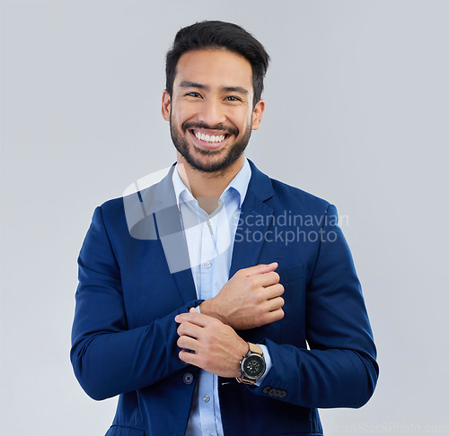 Image of Business style, happy and portrait of man in studio for corporate or CEO fashion with smile. Face of asian entrepreneur person on isolated white background with pride for luxury, success and wealth