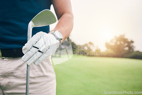 Image of Hand, golf course and stick on grass with space for mockup, summer sports and outdoor sunshine. Golfer man, holding club and mock up for sport, fitness and training on field for professional career