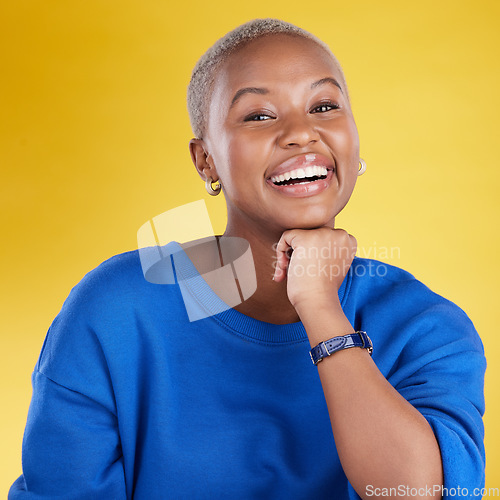 Image of Black woman, studio portrait and happy student for confidence, beauty and yellow background. Girl, model smile and fashion with excited face, cosmetics or gen z aesthetic with happiness by backdrop