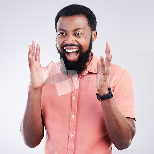 Image of Screaming, surprise and cheering with black man in studio for shocked, announcement and crazy. Excited, winner and achievement with male isolated on white background for celebration, omg or good news