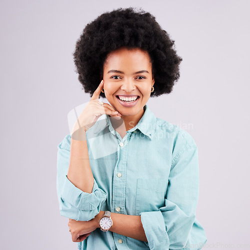 Image of Black woman, studio portrait and smile with afro, happiness hand gesture for thinking, mindset and confidence. Happy african, girl and model with motivation, fashion and young by white background