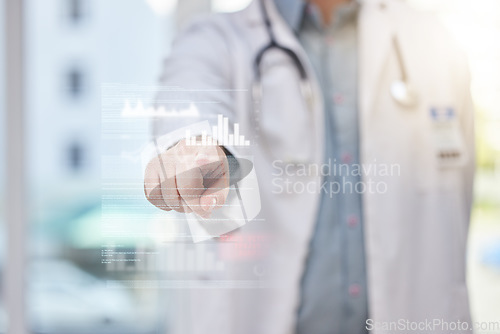 Image of Doctor, data and technology abstract with screen and button, woman touch with hand and analytics in hospital. Electronic results, digital overlay with medical statistics and person in healthcare