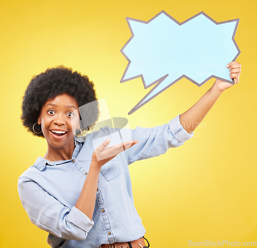 Image of Hands, portrait and speech bubble by black woman pointing in studio to mockup for social media, advertising or space. Face, poster and excited lady with billboard news or message on yellow background