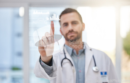 Image of Doctor, data analytics and technology abstract, screen and button, man touch with hand and infographics in hospital. Electronic results, digital overlay of medical statistics and person in healthcare