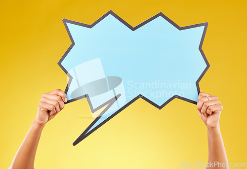 Image of Social media announcement, woman and hands with speech bubble for opinion, marketing space or brand advertising. Product placement, mock up billboard and person with voice mockup on studio background