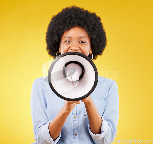 Image of Megaphone announcement, portrait or black woman talking with voice or doing sales promotion. Speaker face, bullhorn noise or person broadcast news, studio speech or communication on yellow background