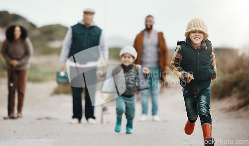 Image of Running, excited and family at the beach for fishing, hobby and weekend activity. Carefree, freedom and children, parents and grandparents playing by the ocean and ready to catch fish for recreation
