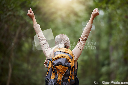 Image of Back, woman arms and hiking for success, freedom and hope of courage, achievement and nature. Hiker celebrate travel, motivation and inspiration of goals, wellness and energy of adventure in forest