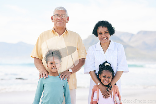 Image of Happy portrait, peace and family on beach holiday for calm, freedom and outdoor quality time together. Nature sunshine, ocean sea sand and Mexico children, grandparents or people smile on vacation