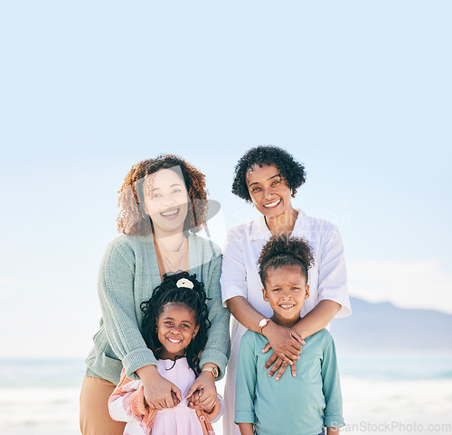 Image of Nature portrait, blue sky and happy family on beach holiday for peace, freedom and outdoor quality time together. Love, ocean sea sand or Mexico children, grandmother and mother with vacation mock up